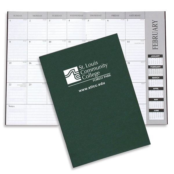 10"H x 7"W leatherette 13-month desk planner with 6-month layout.... from ASI 54040 Fey Promo / Fey Calendar Impressions
