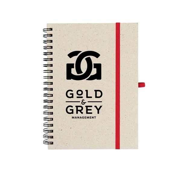 Spiral bound 70-page recycled paper notebook with elastic strap and pen... from ASI 61125 Hit Promotional Products / Hit®