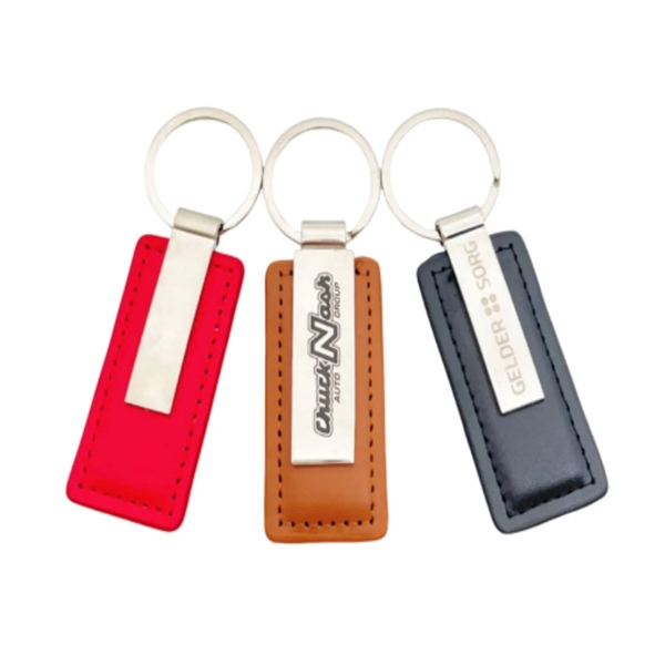Silver metal PU leather rectangular keychain plus laser engraving on metal... from ASI 37218 Athena Promo (tm)
