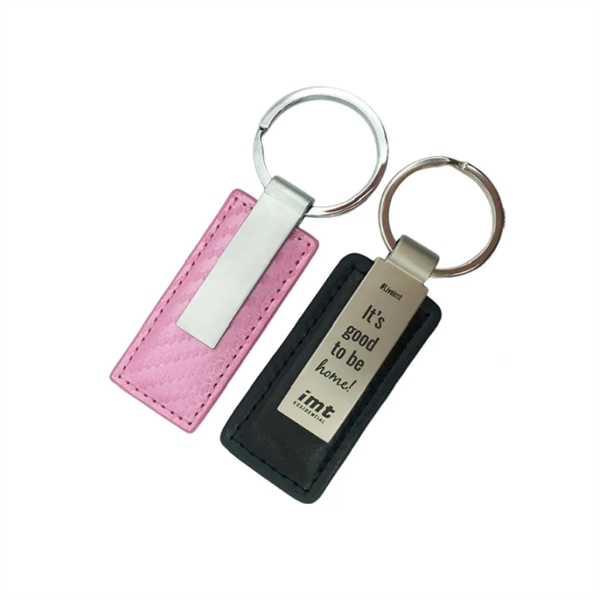 Silver metal PU leather rectangular keychain plus laser engraving on metal... from ASI 37218 Athena Promo (tm)