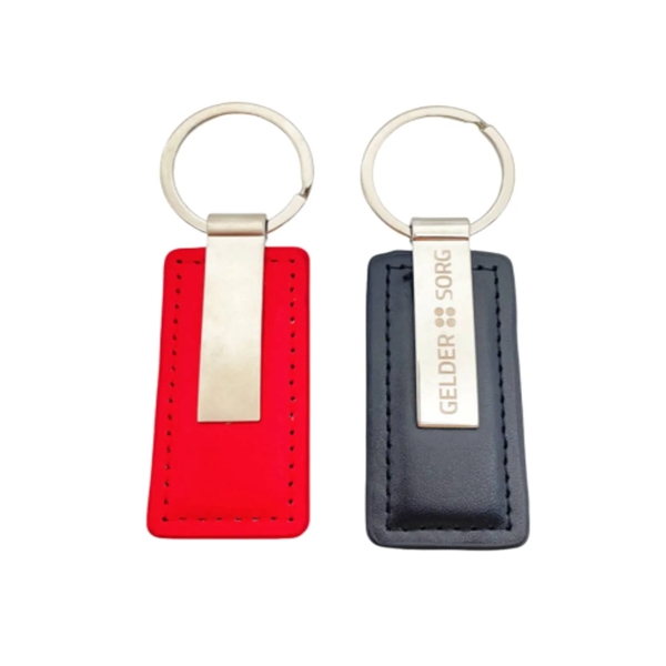 Silver metal PU leather rectangular keychain plus laser engraving on metal... from ASI 37218 Athena Promo (tm)