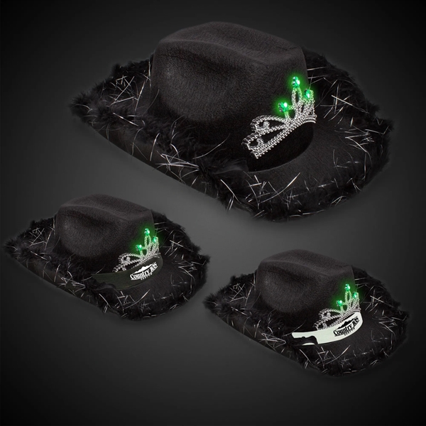 Black fabric cowboy hat with LED light up action, marabou feather... from ASI 42016 Brighter Promotions Inc