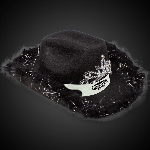 Black fabric cowboy hat with LED light up action, marabou feather... from ASI 42016 Brighter Promotions Inc