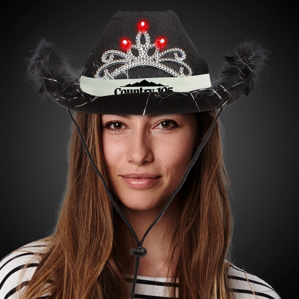 Black fabric cowboy hat with LED light up action, marabou feather... from ASI 42016 Brighter Promotions Inc