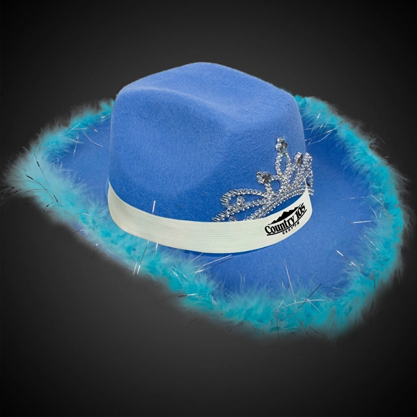 White fabric cowboy hat with LED light up action, marabou feather... from ASI 42016 Brighter Promotions Inc