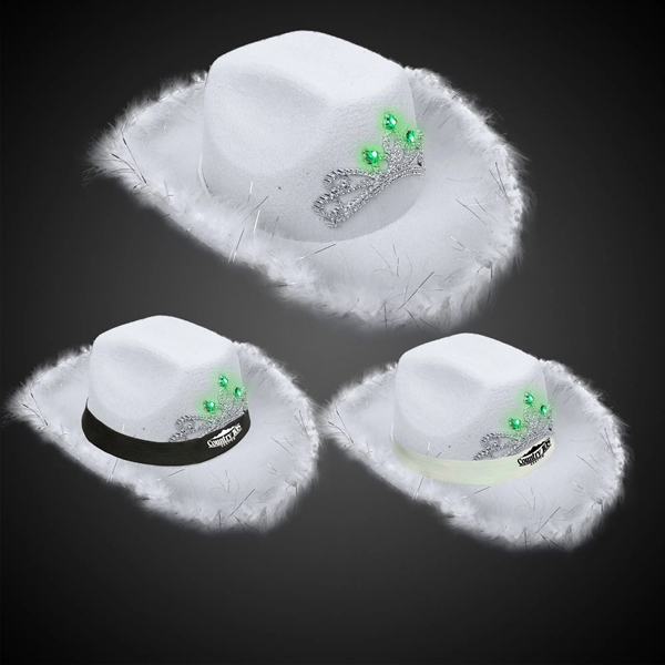 White fabric cowboy hat with LED light up action, marabou feather... from ASI 42016 Brighter Promotions Inc
