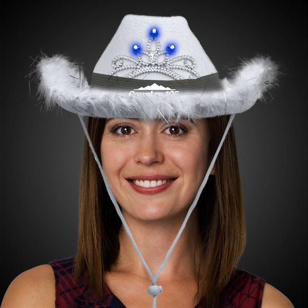 White fabric cowboy hat with LED light up action, marabou feather... from ASI 42016 Brighter Promotions Inc