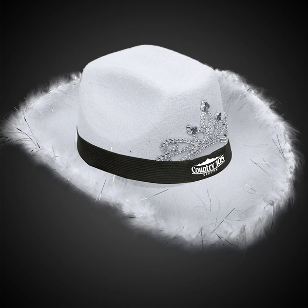 White fabric cowboy hat with LED light up action, marabou feather... from ASI 42016 Brighter Promotions Inc
