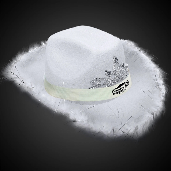 White fabric cowboy hat with LED light up action, marabou feather... from ASI 42016 Brighter Promotions Inc