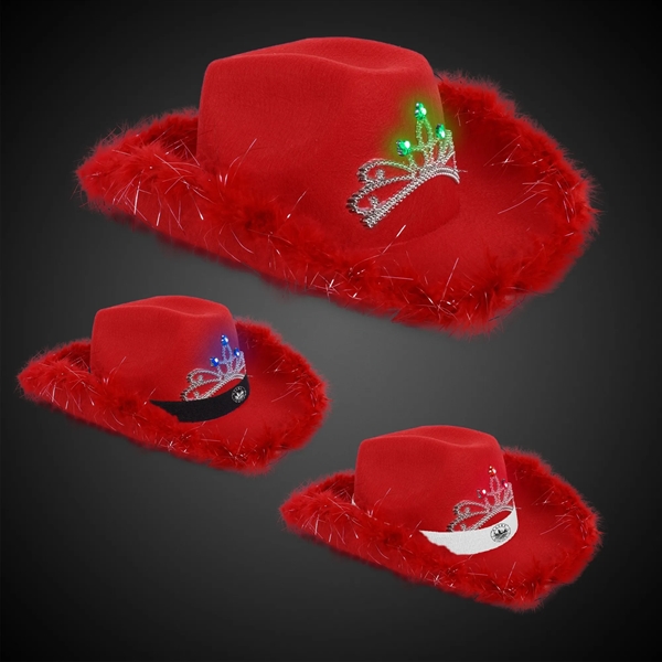 Red fabric ladies cowboy hat with light up LED action, marabou... from ASI 42016 Brighter Promotions Inc