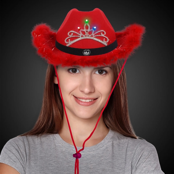 Red fabric ladies cowboy hat with light up LED action, marabou... from ASI 42016 Brighter Promotions Inc