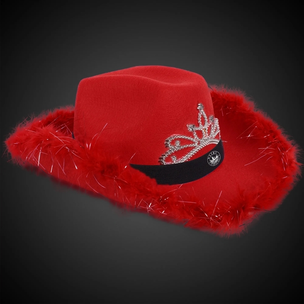 Red fabric ladies cowboy hat with light up LED action, marabou... from ASI 42016 Brighter Promotions Inc