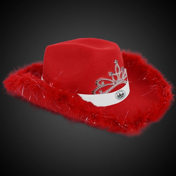 Red fabric ladies cowboy hat with light up LED action, marabou... from ASI 42016 Brighter Promotions Inc