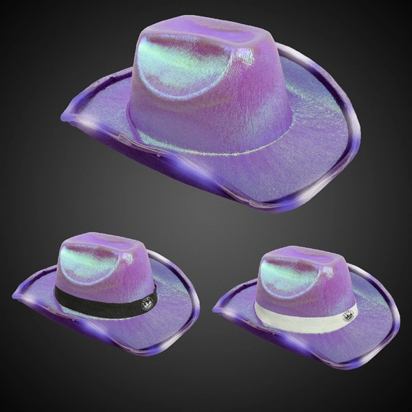 Iridescent purple fabric cowboy hat with eight light up LEDS, three... from ASI 42016 Brighter Promotions Inc