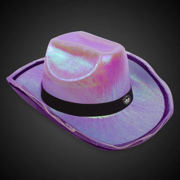 Iridescent purple fabric cowboy hat with eight light up LEDS, three... from ASI 42016 Brighter Promotions Inc