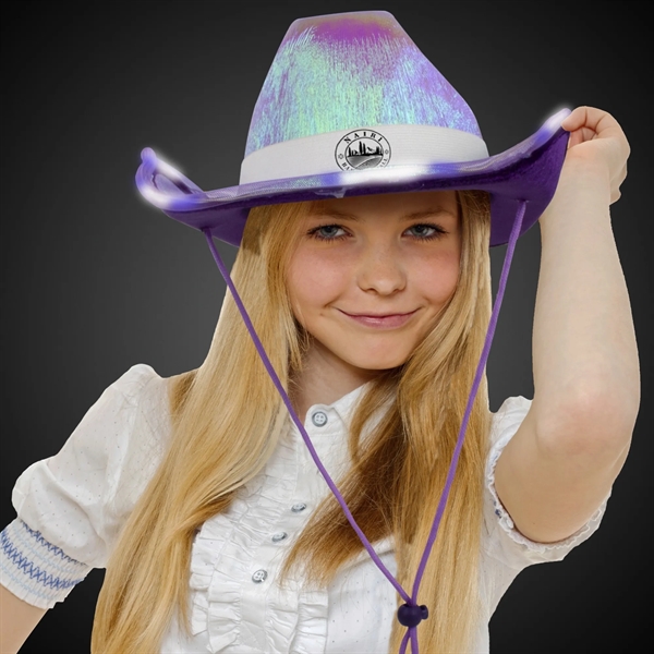 Iridescent purple fabric cowboy hat with eight light up LEDS, three... from ASI 42016 Brighter Promotions Inc