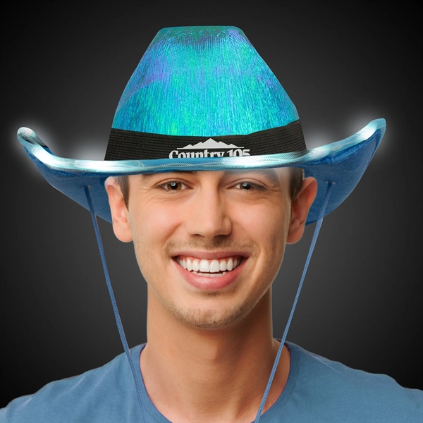Iridescent blue fabric cowboy hat with eight LEDs and three installed... from ASI 42016 Brighter Promotions Inc