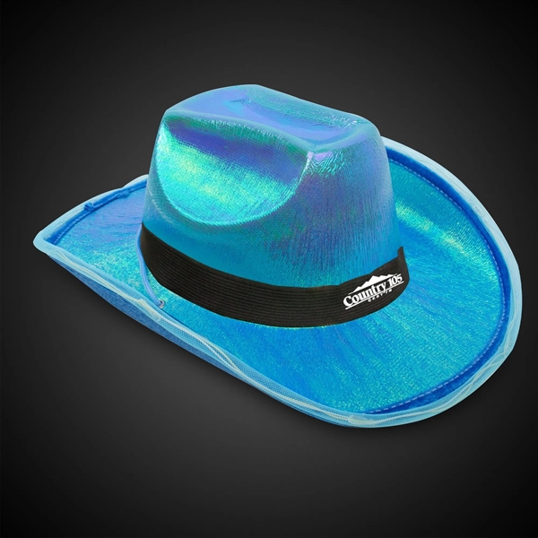 Iridescent blue fabric cowboy hat with eight LEDs and three installed... from ASI 42016 Brighter Promotions Inc