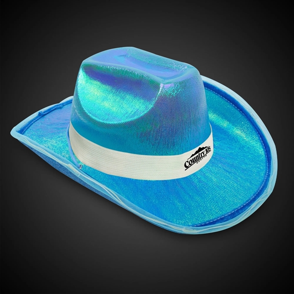 Iridescent blue fabric cowboy hat with eight LEDs and three installed... from ASI 42016 Brighter Promotions Inc