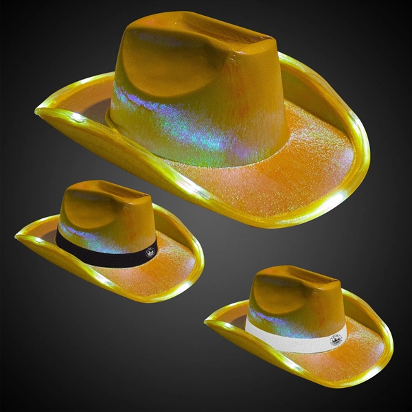 Iridescent yellow fabric cowboy hat with eight light up LEDS, three... from ASI 42016 Brighter Promotions Inc