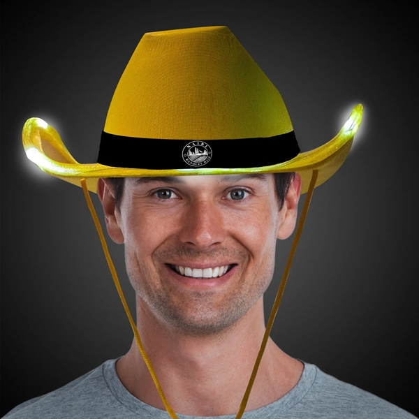 Iridescent yellow fabric cowboy hat with eight light up LEDS, three... from ASI 42016 Brighter Promotions Inc