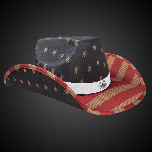 Fabric vintage style cowboy hat with American flag design and optional... from ASI 42016 Brighter Promotions Inc