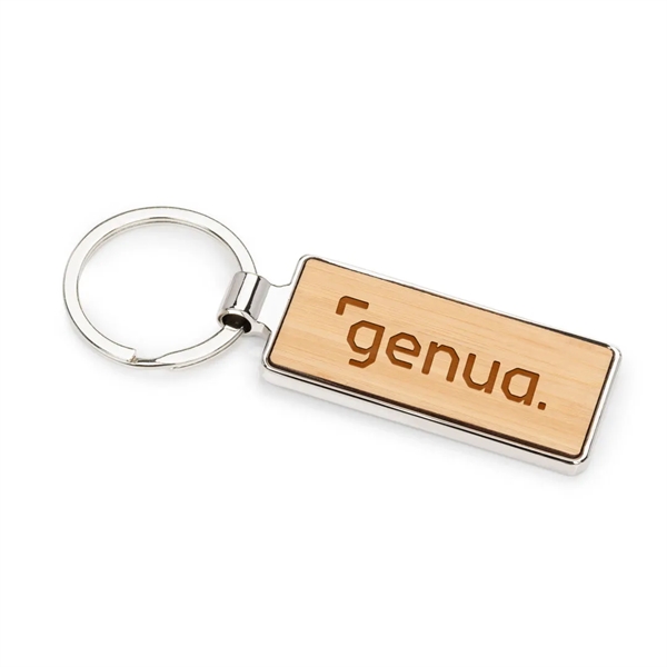 The Kerins Rectangle Keychain is a polished chrome accessory with bamboo... from ASI 84592 St Regis Group