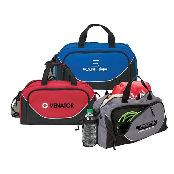 Polyester duffel bag with carrying handles and an adjustable shoulder strap.... from ASI 67866 Logomark/Valumark / Valumark™