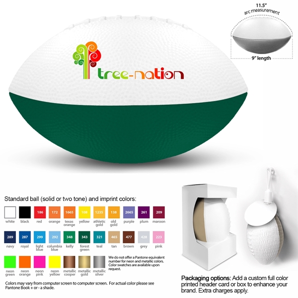 9.25" x 5.5" urethane standard-sized foam football in assorted, two-tone colors.... from ASI 68207 MAC Specialties Ltd / Sport Products Sport Products Plus Ball Guys Plus Promotional Products