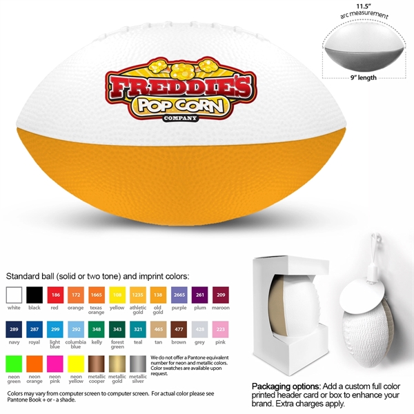 9.25" x 5.5" urethane standard-sized foam football in assorted, two-tone colors.... from ASI 68207 MAC Specialties Ltd / Sport Products Sport Products Plus Ball Guys Plus Promotional Products