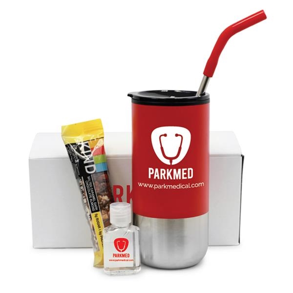 Gift box featuring a tumbler with straw, snack, and hand sanitizer.... from ASI 90859 Tempo Industries Inc / Tempo Tempoline