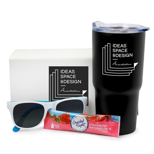 Gift box featuring a tumbler, crystal light packet, and sunglasses.... from ASI 90859 Tempo Industries Inc / Tempo Tempoline