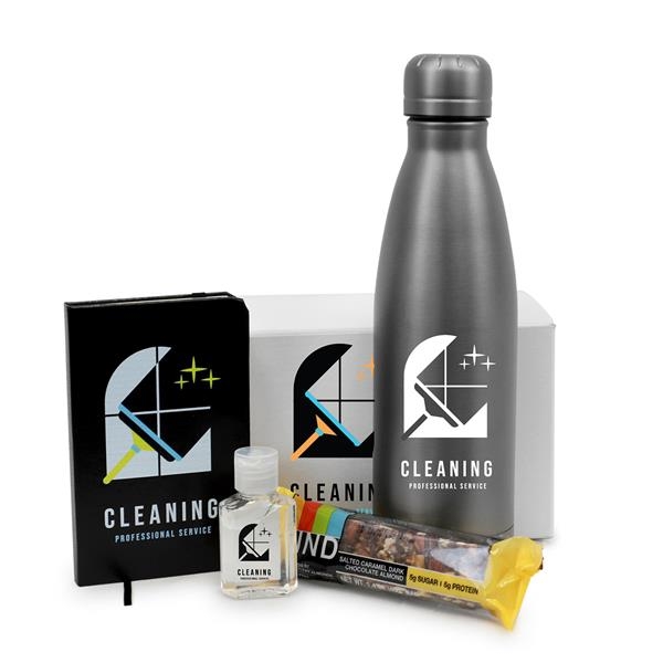 Gift box featuring a water bottle, snack, sanitizer, and journal.... from ASI 90859 Tempo Industries Inc / Tempo Tempoline