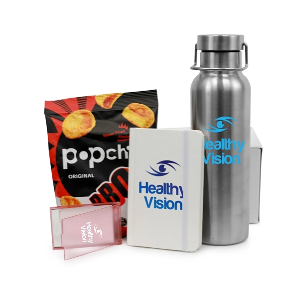 Gift box featuring a water bottle, snack, mirror, and journal.... from ASI 90859 Tempo Industries Inc / Tempo Tempoline