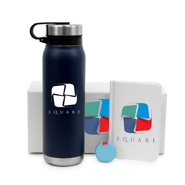 Gift box featuring a water bottle, snack, mirror, and journal.... from ASI 90859 Tempo Industries Inc / Tempo Tempoline