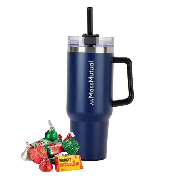 Tapered Tumbler w/ Handle & Straw - 40 oz., Holiday Mix.... from ASI 71685 Midnite Snax® / Promo Revolution