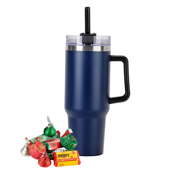 Tapered Tumbler w/ Handle & Straw - 40 oz., Holiday Mix.... from ASI 71685 Midnite Snax® / Promo Revolution