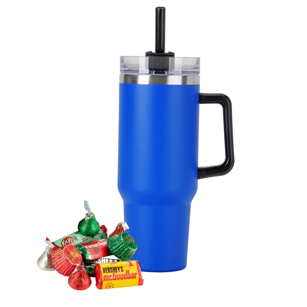 Tapered Tumbler w/ Handle & Straw - 40 oz., Holiday Mix.... from ASI 71685 Midnite Snax® / Promo Revolution