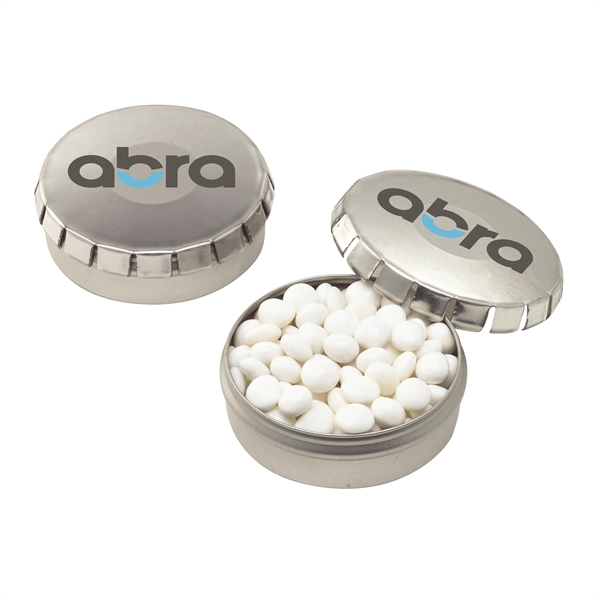 Small, round push-top tin filled with white mints. This unique tin... from ASI 71685 Midnite Snax®