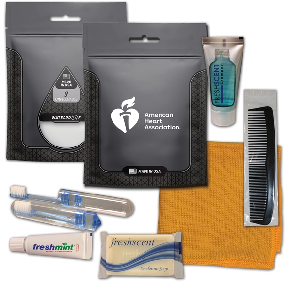 Hygiene kit with a washcloth, toothbrush, toothpaste, shampoo, deodorant soap, and... from ASI 84514 Safety Made