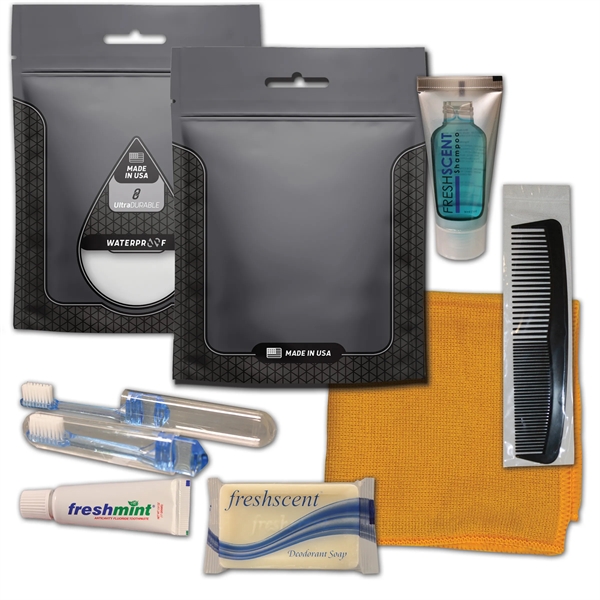 Hygiene kit with a washcloth, toothbrush, toothpaste, shampoo, deodorant soap, and... from ASI 84514 Safety Made