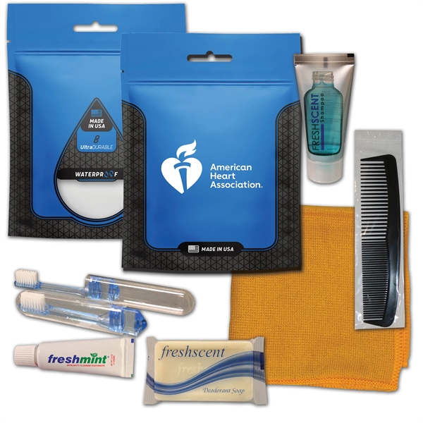 Hygiene kit with a washcloth, toothbrush, toothpaste, shampoo, deodorant soap, and... from ASI 84514 Safety Made