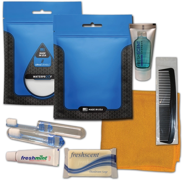 Hygiene kit with a washcloth, toothbrush, toothpaste, shampoo, deodorant soap, and... from ASI 84514 Safety Made