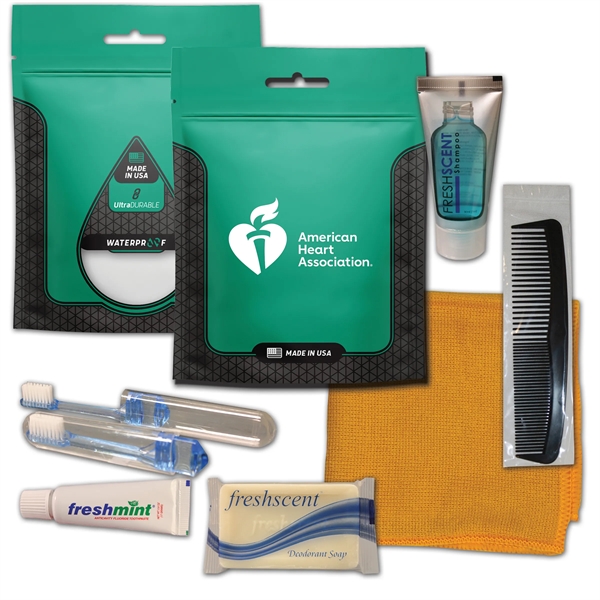 Hygiene kit with a washcloth, toothbrush, toothpaste, shampoo, deodorant soap, and... from ASI 84514 Safety Made
