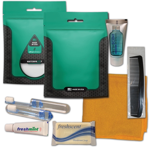 Hygiene kit with a washcloth, toothbrush, toothpaste, shampoo, deodorant soap, and... from ASI 84514 Safety Made