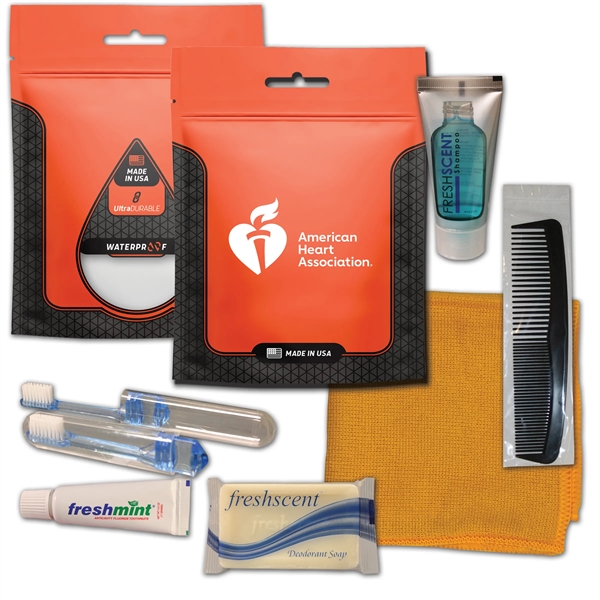 Hygiene kit with a washcloth, toothbrush, toothpaste, shampoo, deodorant soap, and... from ASI 84514 Safety Made