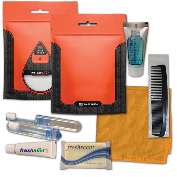 Hygiene kit with a washcloth, toothbrush, toothpaste, shampoo, deodorant soap, and... from ASI 84514 Safety Made