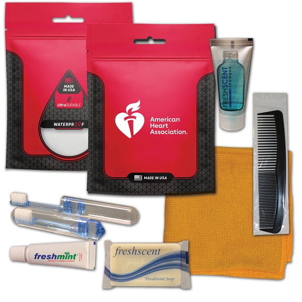 Hygiene kit with a washcloth, toothbrush, toothpaste, shampoo, deodorant soap, and... from ASI 84514 Safety Made
