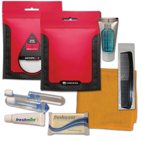 Hygiene kit with a washcloth, toothbrush, toothpaste, shampoo, deodorant soap, and... from ASI 84514 Safety Made