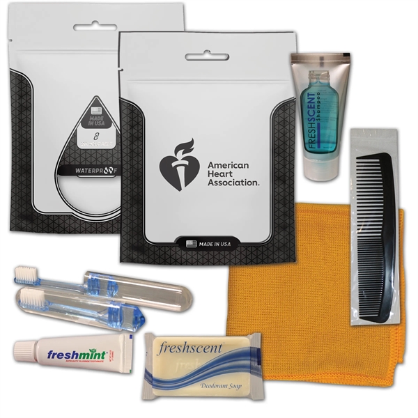 Hygiene kit with a washcloth, toothbrush, toothpaste, shampoo, deodorant soap, and... from ASI 84514 Safety Made